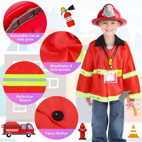 Vista 2 de Disfraz de bombero para niños, 10 piezas de disfraz de bombero con accesorios de juguete, juguetes de juego de rol de bombero, ropa de disfraz