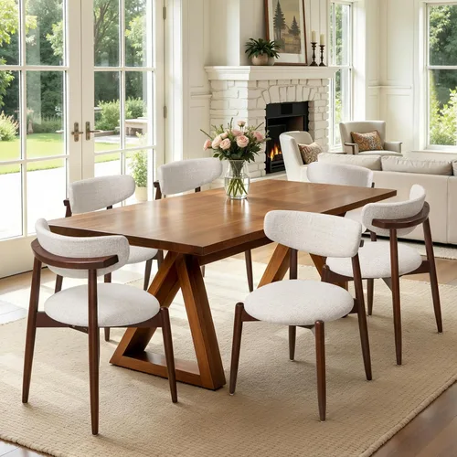 Vista 20 de CHUN YI Juego de 2 sillas de comedor tapizadas de madera maciza, sillas auxiliares de cocina de tela moderna de mediados de siglo con respaldo Beige