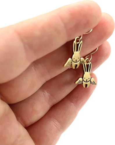 Vista 4 de Mark Poulin Tiny Gold Dipped Sterling Silver Angel Bunny Earrings - Rabbit Memorial Dangles for Women and Girls