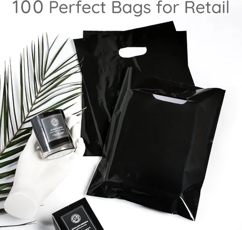 Vista 2 de Choice Marts Bolsas de mercancía 100 negras 9"x12" Tamaño 1.5Mil de grosor con asas Glossy Black Retail Bags. Convenient Carry Handles. Ideal For