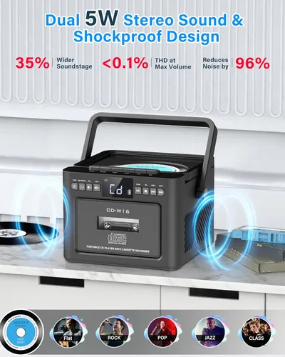Vista 12 de Greadio Boombox - Combo de reproductor de CD y cassette, reproductor de CD recargable de 5000 mAh con Bluetooth de recepción/transmisión/radio