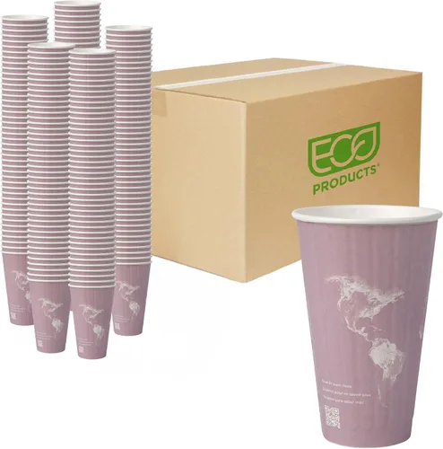 Vista 13 de ECO PRODUCTS Tazas de café desechables aisladas compostables World Art 8 onzas, paquete de 40, vaso de papel caliente renovable de doble pared
