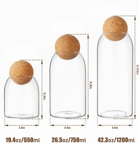Vista 2 de [Usado] Recipiente de almacenamiento de alimentos de vidrio, contenedor de almacenamiento de 3 piezas con corcho de bola, tarro de almacenamiento