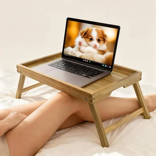 Vista 8 de VaeFae Bandeja de mesa de cama de acacia, bandeja de desayuno de madera con patas plegables, bandeja de cama para comer y computadora portátil