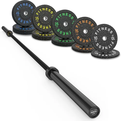 Vista 21 de Olympic Barbell Set, 2-Inch Bumper Plates with Weight Plate Rack Colored Crumb Rubber Weight Plates for Weight Lifting & Strength Training, 90–530