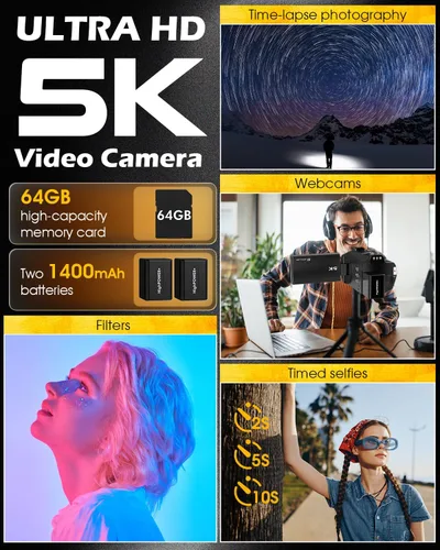Vista 7 de Videocámara de cámara de video 5K, cámara de vlogging WiFi de 64 MP para YouTube con zoom óptico 8X, pantalla táctil IPS de 3.5 pulgadas, visión