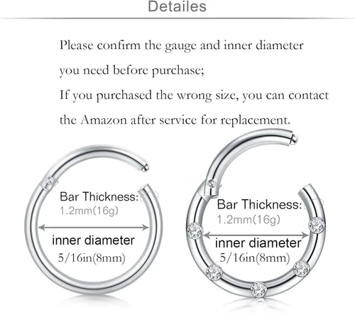 Vista 2 de QWALIT - Arracadas para trago cartílago calibre 16 para piercing en daith hélix tabique con bisagra y cierre de clic de acero inoxidable CBR 063