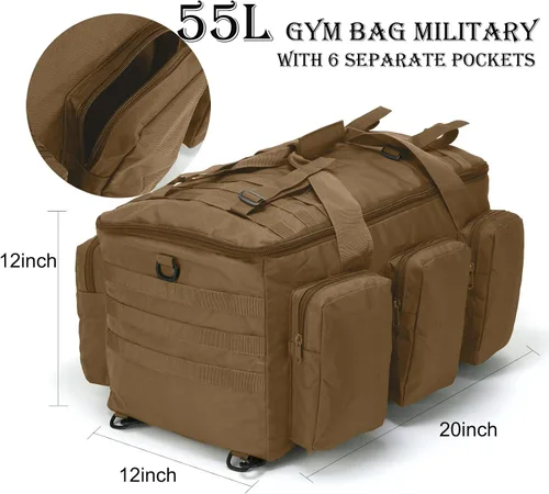 Vista 4 de 3 en 1 bolsa de lona militar 50L bolsa de gimnasio para hombres convertible mochila de fin de semana para deportes viajes baloncesto, 115L-Caqui