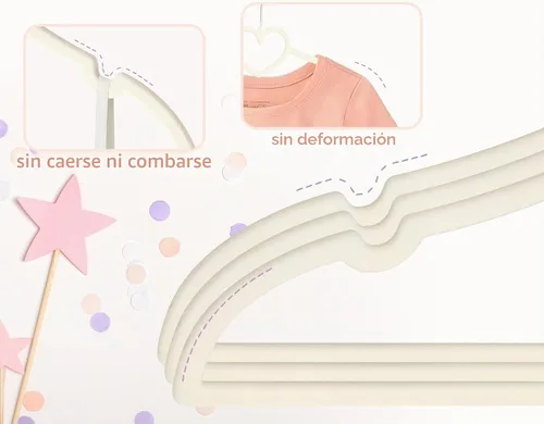 Vista 5 de Perchas de terciopelo beige con forma de corazón, paquete de 50 perchas para niños pequeños de 13 pulgadas con 20 clips, ultra delgadas y apilables