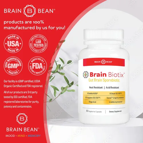 Vista 5 de Brain Bean Brain Biotix Probiótico y prebiótico a base de esporas intestinales y cerebrales 30 porciones
