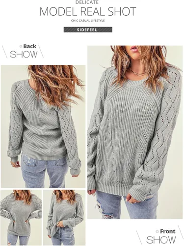 Vista 5 de Sidefeel Suéteres de punto de manga larga con cuello redondo y hueco para mujer