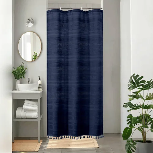 Vista 31 de OVZME Cortina de ducha bohemia negra, cortina de ducha estrecha de tela suave a rayas de lino texturizado con borla, moderna decoración de baño