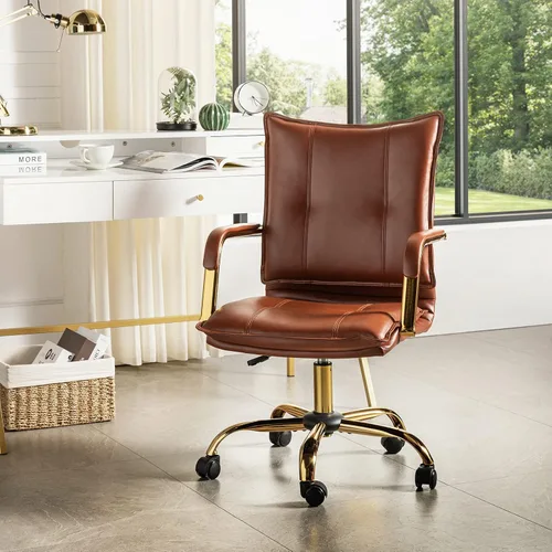 Vista 16 de HULALA HOME Silla de escritorio de piel sintética para oficina en casa, silla giratoria ajustable para computadora con patas y brazos dorados, silla