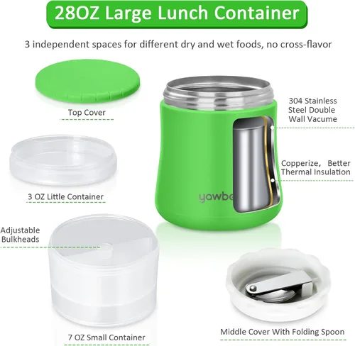 Vista 2 de Contenedor de yogur, recipiente de alimentos aislado, taza de cereales 2 en 1 sobre la marcha, tarro de alimentos aislado de acero inoxidable