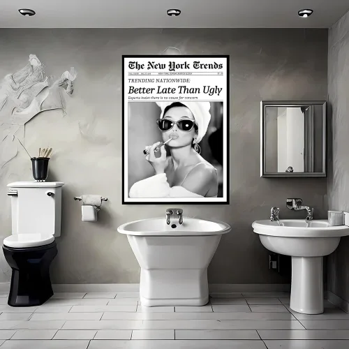 Vista 7 de Arte de pared de periódico vintage, impresiones en lienzo en blanco y negro Better Late Than Ugly Funky póster feminista moderno preppy, decoración