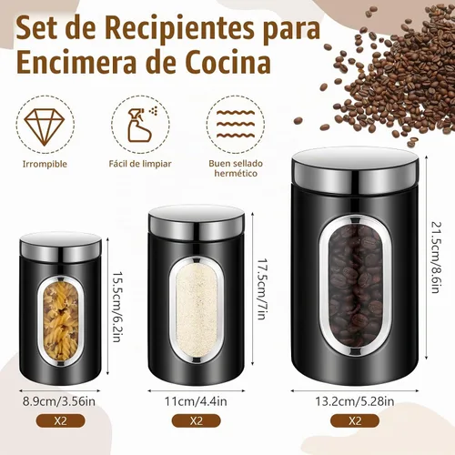 Vista 2 de Maxdot Juego de 6 recipientes negros para encimera de cocina, té, café, azúcar, con ventana transparente, tarro de café, contenedor de azúcar