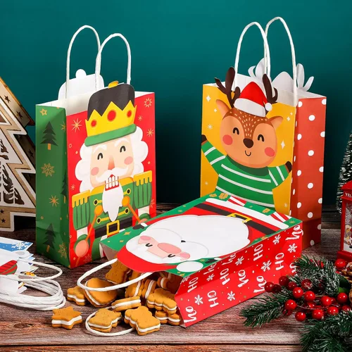Vista 3 de Funrous - 18 paquetes de 36 bolsas de regalo de Navidad - 6 diseños - bolsas de papel kraft de Navidad - regalos de Navidad con asas para aperitivos