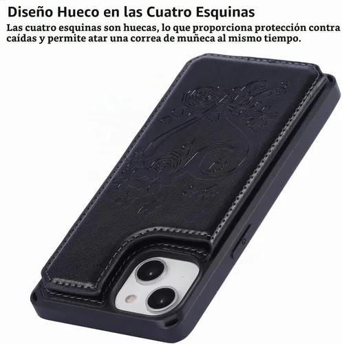 Vista 9 de iCoverCase Funda compatible con iPhone 14 Plus con tarjetero para mujer, bloqueo RFID en relieve, piel sintética con correa de muñeca de 6.7 H-Negro