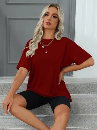 Vista 5 de Camisetas de gran tamaño para mujer, de manga corta, ajuste holgado, para verano, casual, básicas