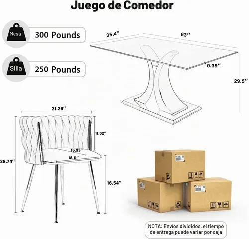 Vista 3 de Juego de comedor moderno de vidrio de lujo de 5 piezas, juego de cena rectangular minimalista grande para 4, juego de mesa de cocina de vidrio