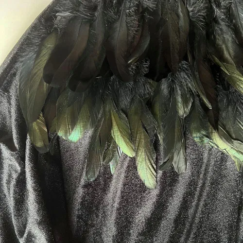 Vista 2 de Capa larga con capucha unisex de terciopelo con plumas naturales, chales góticos para fiesta de disfraces de Halloween