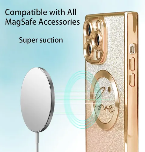 Vista 4 de Funda magnética con purpurina para iPhone 13 Pro Max, funda transparente con diseño de corazón de amor, compatible con MagSafe para mujeres y niñas
