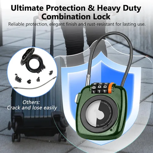 Vista 7 de Compatible con Apple AirTag Secure Lock con cable de alambre, candados de equipaje combinados de 3 dígitos, cuerpo de aleación ultra duradero, funda