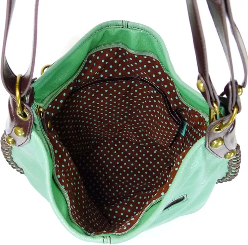 Vista 6 de Chala Bolsos de mano, estilo casual, suave, grande hombro o bolso cruzado con llavero, color verde azulado, Búho