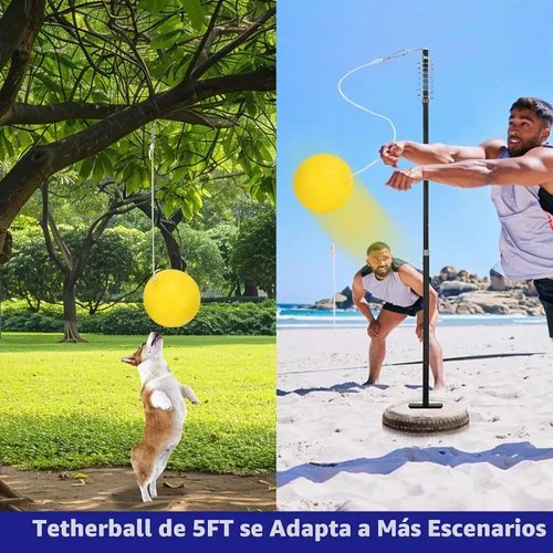 Vista 3 de Tetherball - Juego de tenis con poste de gancho giratorio de 360°, pelota, cuerda y pala. Equipo de tetherball para exteriores para patio trasero