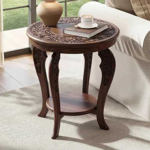 Vista 7 de Mesa auxiliar de madera de mango tallada a mano – Mesa auxiliar redonda de pedestal de 18 x 22 pulgadas para sala de estar, mesita de noche