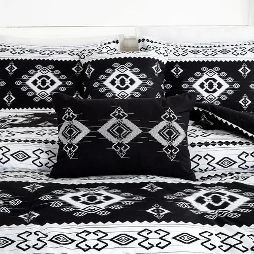 Vista 7 de Chezmoi Collection Indie - Juego de edredón azteca del suroeste de 7 piezas, ropa de cama de microfibra lavada con símbolos geométricos en blanco