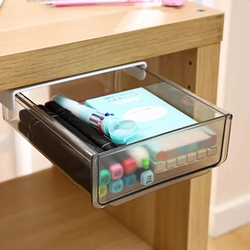 Vista 4 de Organizador de cajones autoadhesivo para debajo del escritorio, mesa oculta, gran almacenamiento, soporte para lápices, bandeja para oficina, hogar
