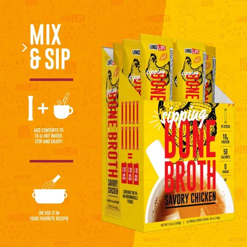 Vista 3 de LonoLife - Sobres individuales de caldo de huesos de pollo bajo en sodio: 0.35 onzas de proteína, apto para dieta Keto, 4 porciones individuales