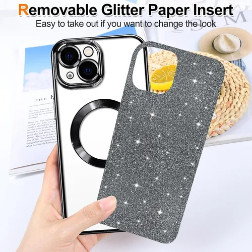 Vista 2 de Hython Funda para iPhone 15 Plus con purpurina, fundas magnéticas transparentes para teléfono con protector de lente de cámara