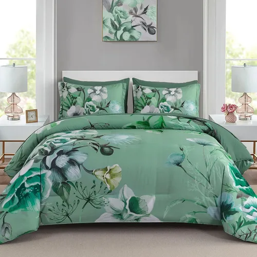 Vista 16 de Luxudecor Juego de edredón floral tamaño individual de 7 piezas, cama de flores aguamarina en una bolsa, elegante edredón floral degradado con juego