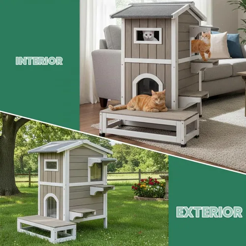 Vista 8 de Casa para gatos de varios niveles para exteriores, resistente a la intemperie con balcón, refugio de 4 puertas