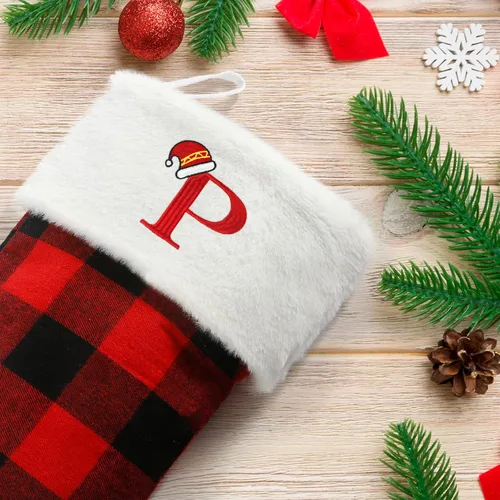 Vista 2 de Senneny - Medias de Navidad con iniciales, 20" grandes rojas y negras a cuadros de búfalo, monograma, medias de Navidad con puño de felpa blanca