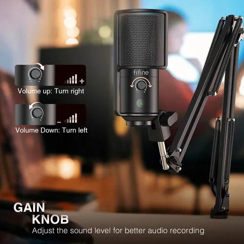 Vista 5 de FIFINE - Micrófono USB para podcast, micrófono condensador para PC con soporte de brazo extensible, botón de silencio, kit de micrófono Plug & Play