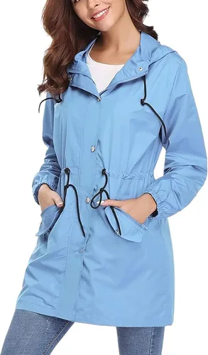 Vista 3 de Alebame Womens Long Raincoat Lightweight Rain Jackets Waterproof Windbreaker Drawstring Rain Protection