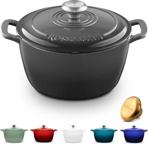 Vista 15 de ROSSALLINI Olla Holandesa de Hierro Fundido Esmaltada con Firma, Olla de Servir Antiadherente con Tapa de Cierre Hermético para Asado Perfecto Azul