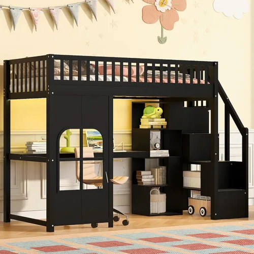 Vista 5 de Cama alta individual con escaleras de almacenamiento, escritorio, estación Negro