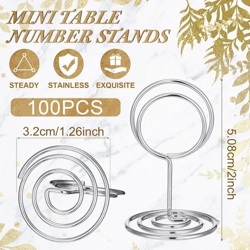 Vista 2 de 100 soportes pequeños para números de mesa, soportes para tarjetas de 2 pulgadas, pequeños soportes de alambre de acero para letreros de mesa