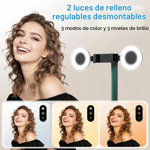 Vista 3 de Soporte de teléfono superior con luz, soporte para teléfono celular para grabación de video, inclinación giratoria de 360 grados, trípode
