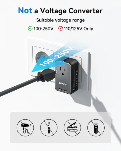 Vista 7 de DOACE Adaptador de viaje Pico de 20 W, adaptador de corriente universal de 5 puertos, 1 CA, 2 USB C y 2 USB-A, adaptador de enchufe internacional