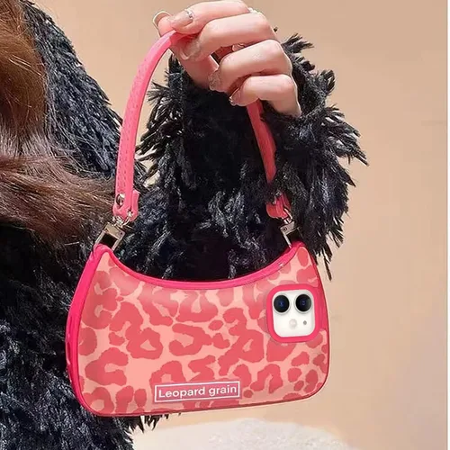 Vista 6 de Funda compatible con iPhone 11, bonita funda estética con estampado de leopardo rosa en forma de cartera con correa y cadena a prueba de golpes