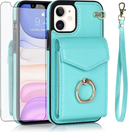 Vista 8 de Asuwish Funda de teléfono para iPhone 11 6.1 con protector de pantalla de vidrio templado y anillo de bloqueo RFID, accesorios para celulares Negro