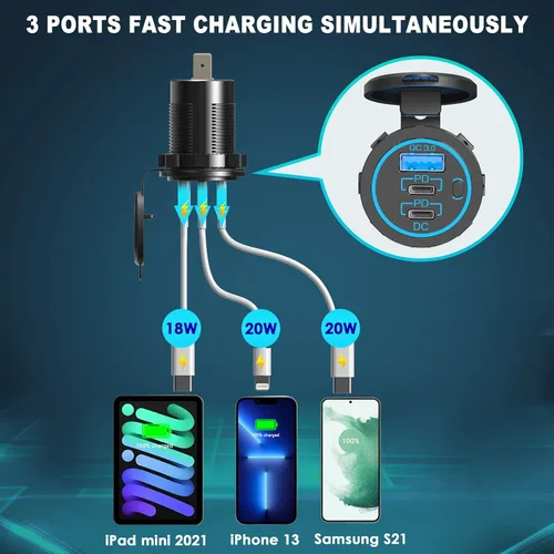 Vista 2 de Enchufe USB C para cargador de coche – 58 W alargado RV USB Outlet 12V Socket Dual 20W PD3.0 USB-C y 18W QC3.0 Puerto USB de coche con interruptor