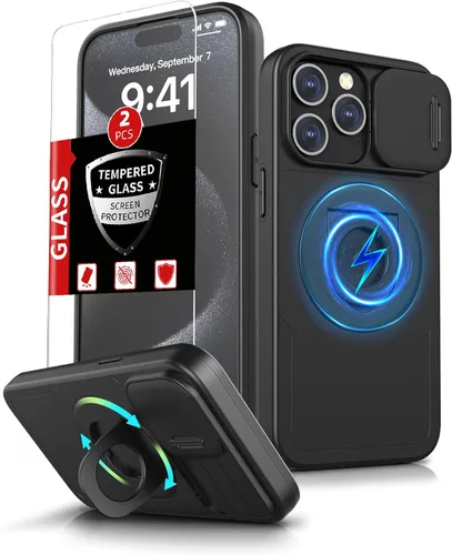 Vista 95 de Funda magnética para iPhone 11 Pro compatible con carga inalámbrica MagSafe, con 2 protectores de pantalla, anillo kickstand de 360° integrado +