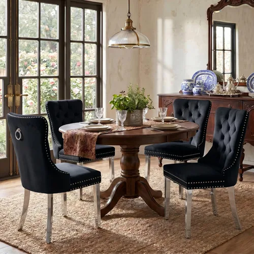 Vista 119 de SoarFlash Juego de 2 sillas de comedor de terciopelo, silla lateral de respaldo alto, silla lateral moderna tapizada de alta gama con botones Beige