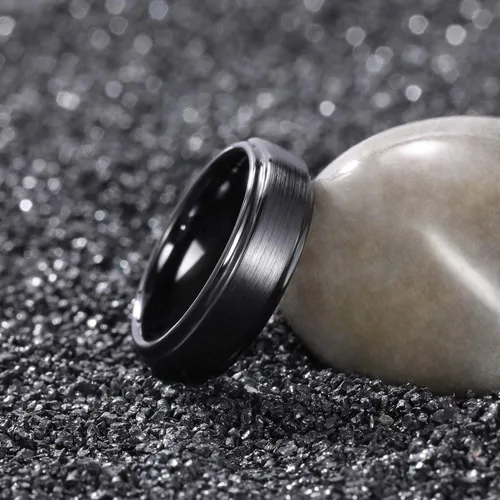 Vista 3 de Anillo de cerámica negro de 0.236in, 0.315in, con incrustaciones de fibra de carbono negra, para hombres y mujeres, talla 5-14